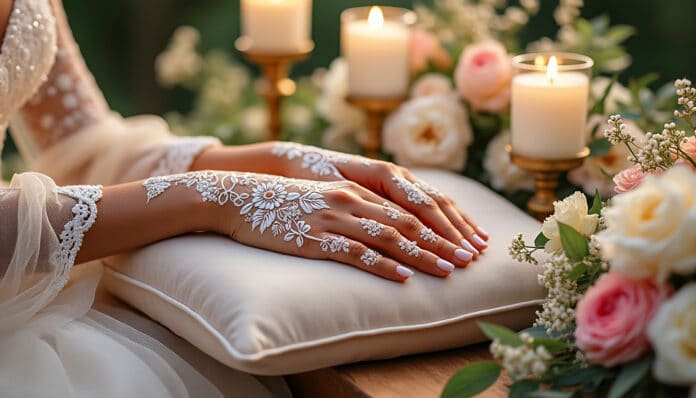 découvrez l'art du henné blanc, une tendance délicate et élégante, pour sublimer votre mariage. offrez à vos invités une expérience inoubliable avec des motifs raffinés et symboliques qui apporteront une touche unique à votre jour j.
